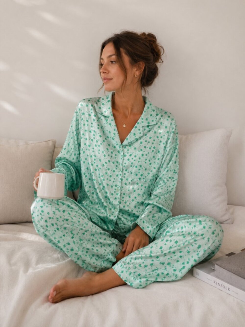 VINTAGE JESSICA Green Floral Satin Button Up Pyjama Sleepwear Set Soft Girl Sz M